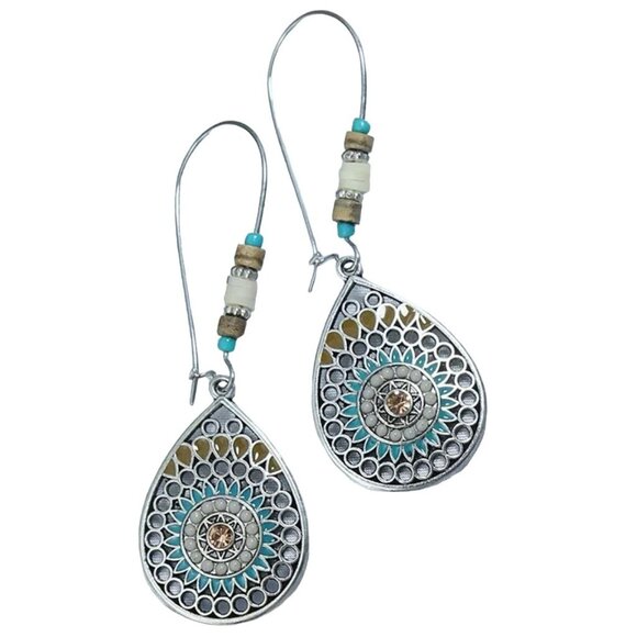 unbranded Jewelry - Boho Turquoise & Tan Enamel Beaded Dreamcatcher Dangle Earrings Silver Tone